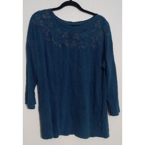 Soft Surroundings Teal Blue Floral Embroidered Cotton Slub Knit Tunic Top XL